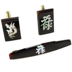Dragon and You Chinese Character Vintage Cufflinks Set with Tie Clip Black